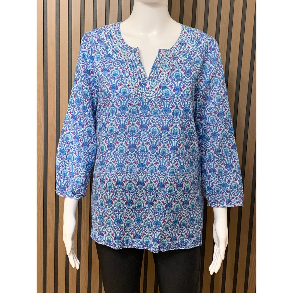 Talbots Women's Blue Paisley Floral Cotton Tunic Top Split Neck 3/4 Sleeve M